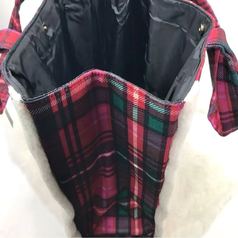 Victoria’s Secret Red Green Plaid Shearling Trim Holiday Winter Travel Tote Bag